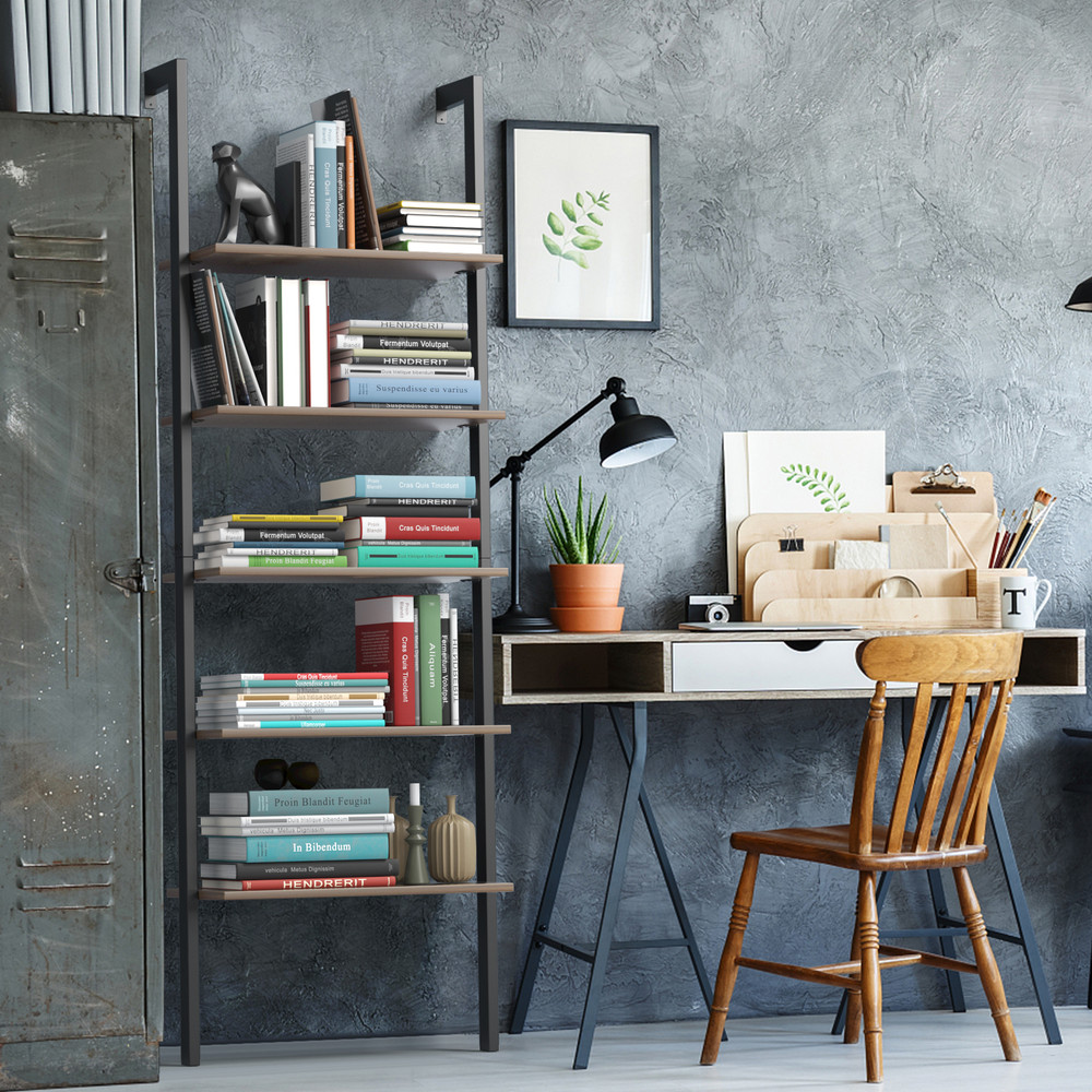 5-Tier Wood Look Ladder Shelf with Metal Frame, Stylish Home Storage Solution