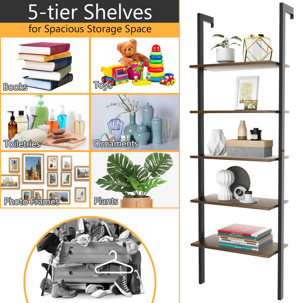 5-Tier Wood Look Ladder Shelf with Metal Frame, Stylish Home Storage Solution