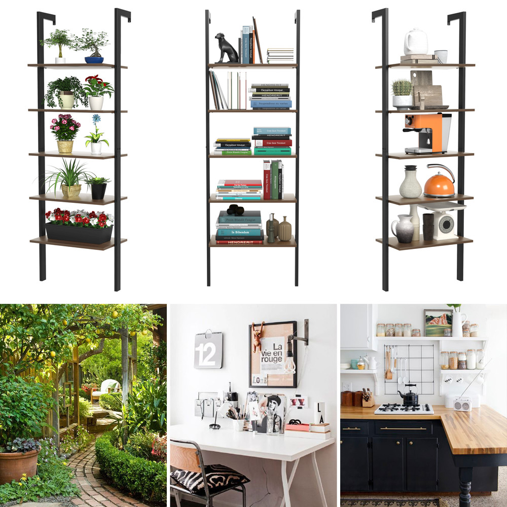 5-Tier Wood Look Ladder Shelf with Metal Frame, Stylish Home Storage Solution
