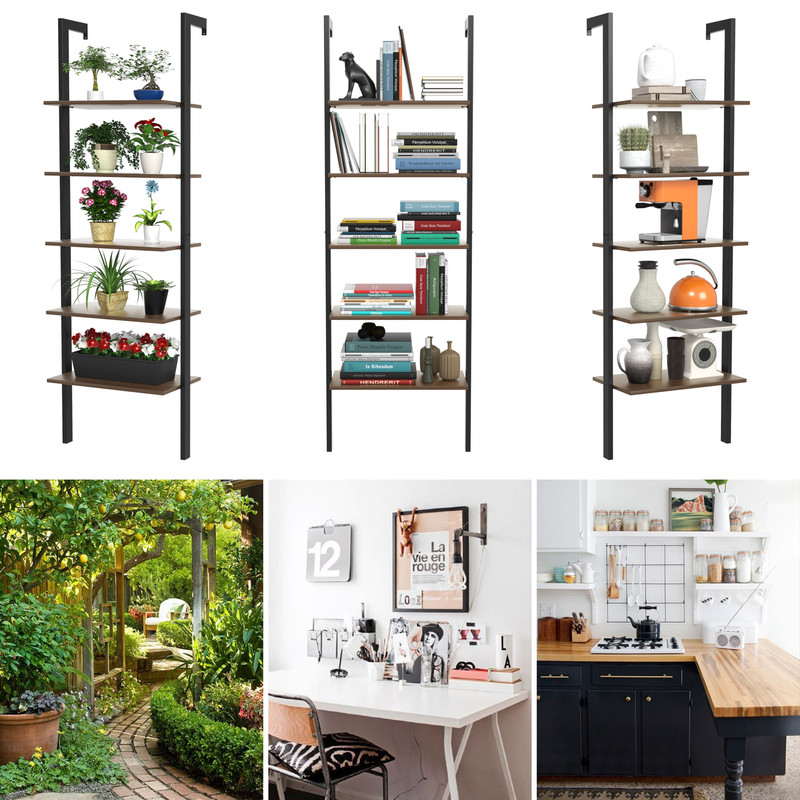 5-Tier Wood Look Ladder Shelf with Metal Frame, Stylish Home Storage Solution