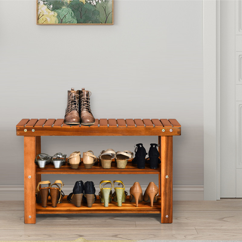 Freestanding Wood Bench With 3Tier Storage Shelves Rustic Entryway Organizer 1