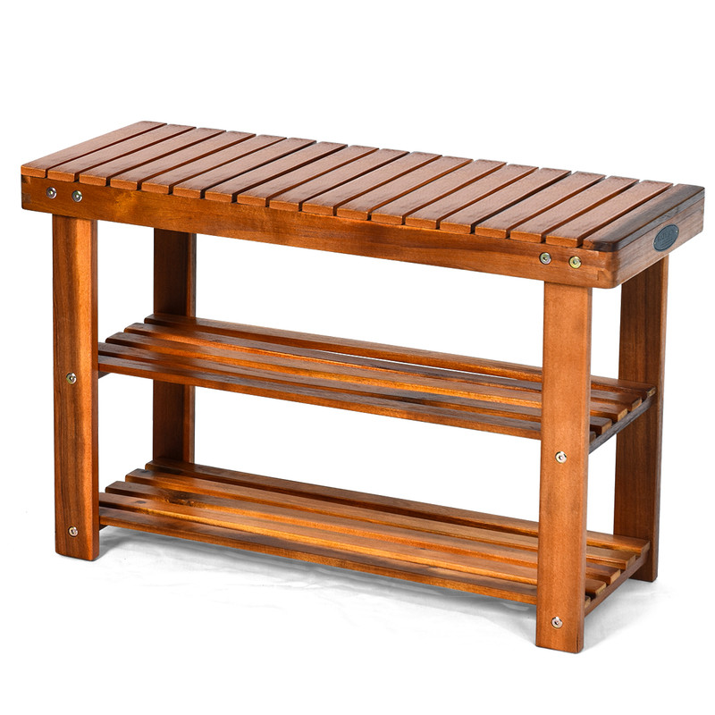 Freestanding Wood Bench With 3Tier Storage Shelves Rustic Entryway Organizer 4