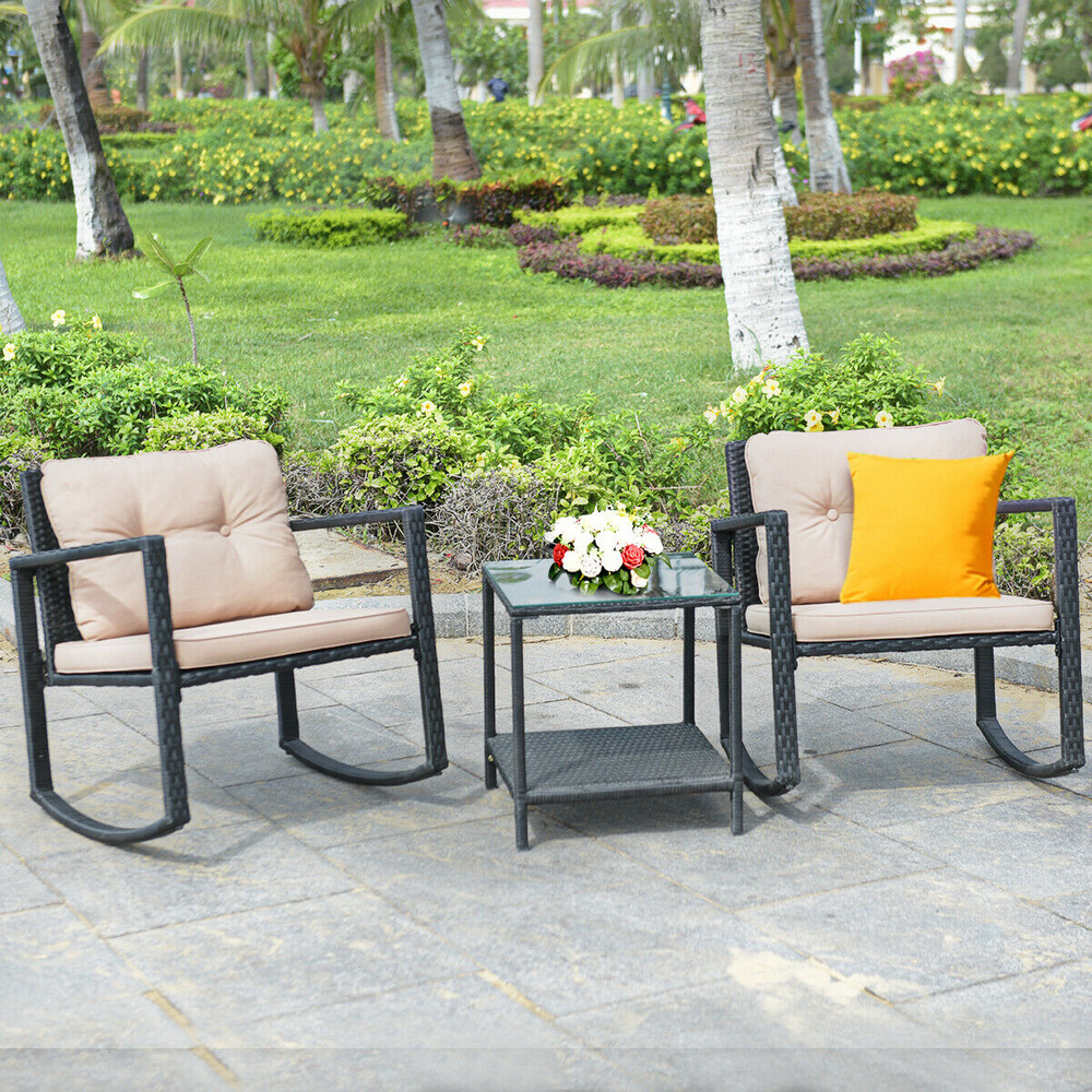 3-Piece Cushioned Patio Rattan Set with Rocking Chair & Glass Table – Outdoor/Indoor Use