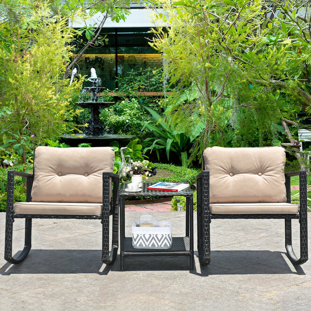 3-Piece Cushioned Patio Rattan Set with Rocking Chair & Glass Table – Outdoor/Indoor Use