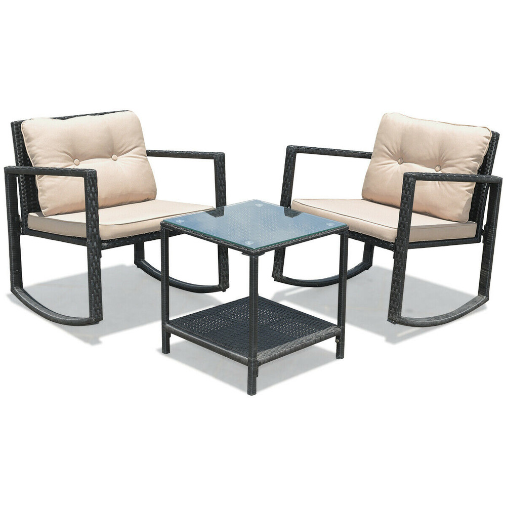3-Piece Cushioned Patio Rattan Set with Rocking Chair & Glass Table – Outdoor/Indoor Use