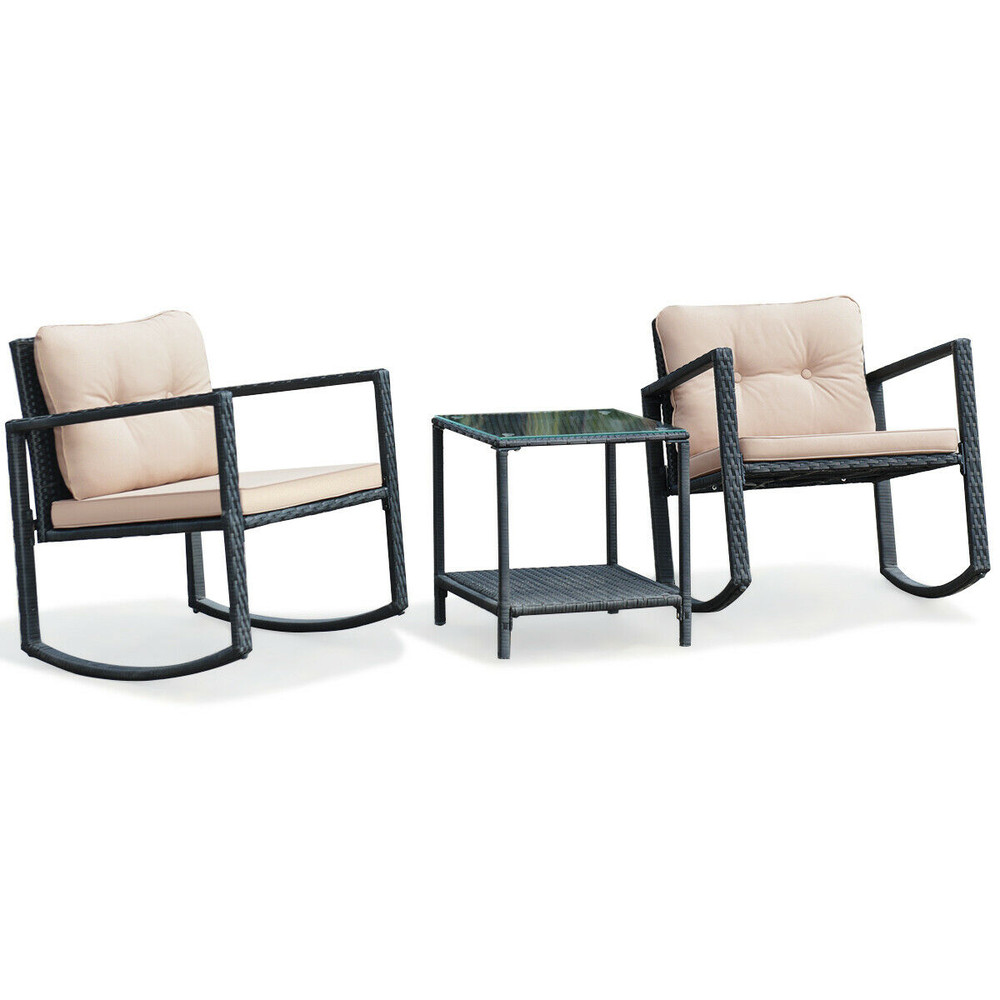3-Piece Cushioned Patio Rattan Set with Rocking Chair & Glass Table – Outdoor/Indoor Use