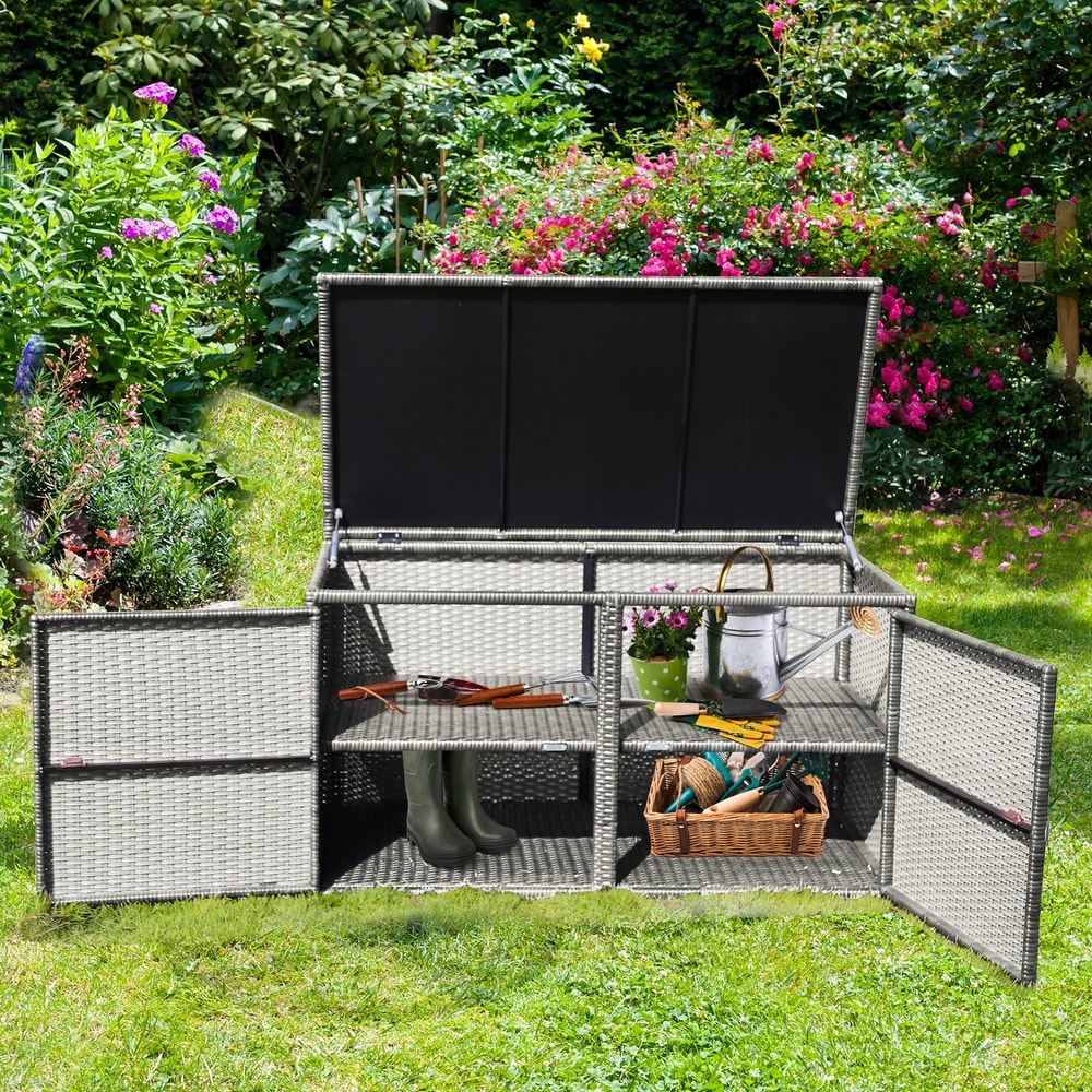 88 Gallon Garden Patio Rattan Storage Container Box – Heavy-Duty Outdoor Storage with Shelves