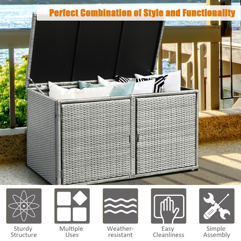 88 Gallon Garden Patio Rattan Storage Container Box – Heavy-Duty Outdoor Storage with Shelves