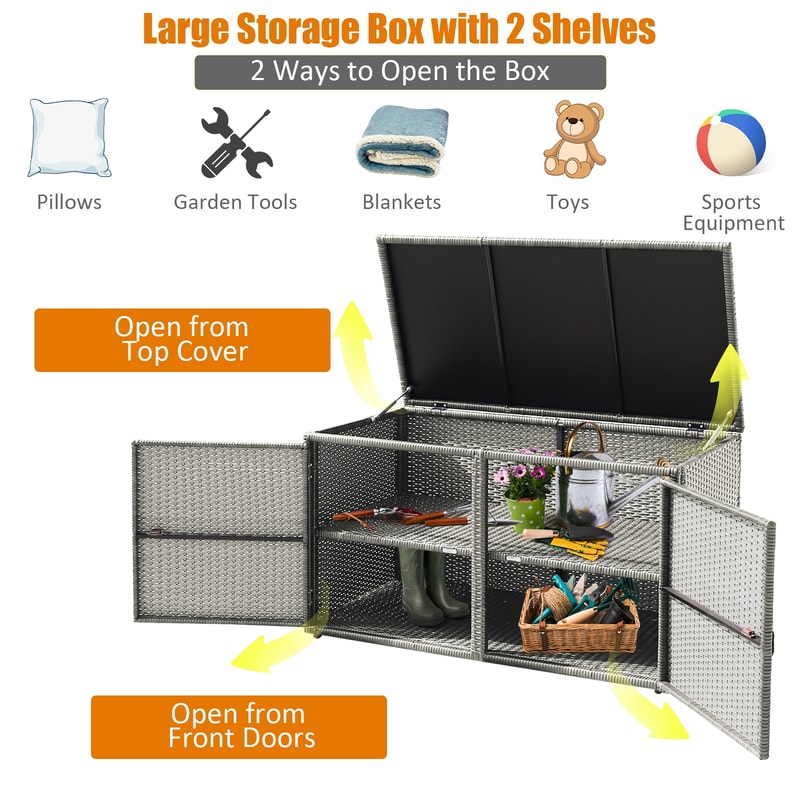 88 Gallon Garden Patio Rattan Storage Container Box – Heavy-Duty Outdoor Storage with Shelves