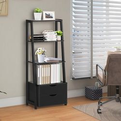 4-tier ladder bookshelf storage display with 2 drawers, modern freestanding bookcase for living room, office, bedroom