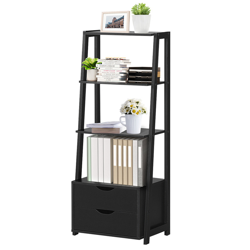 4-Tier Ladder Bookshelf Storage Display with 2 Drawers, Modern Freestanding Bookcase for Living Room, Office, Bedroom