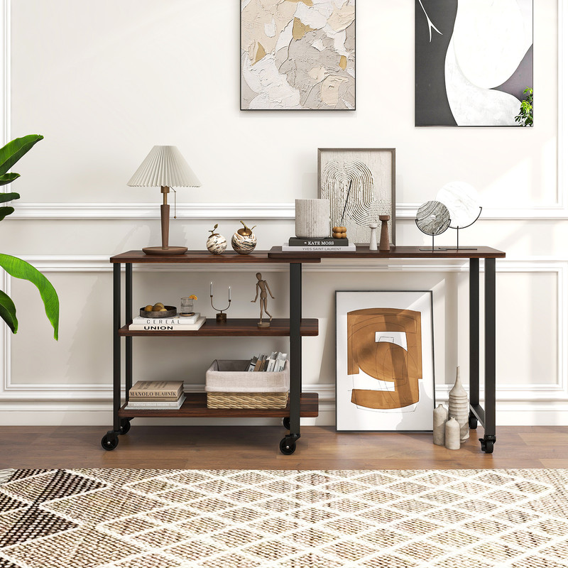 360° Free Rotating Sofa Side Table with Swivel and Sliding Tabletop, Mobile C-Shaped End Table with Storage Shelves