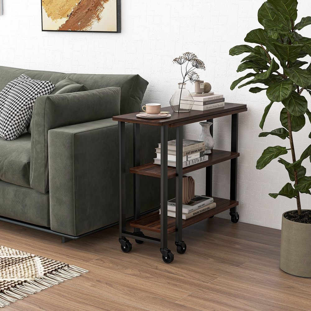 360° Free Rotating Sofa Side Table with Swivel and Sliding Tabletop, Mobile C-Shaped End Table with Storage Shelves