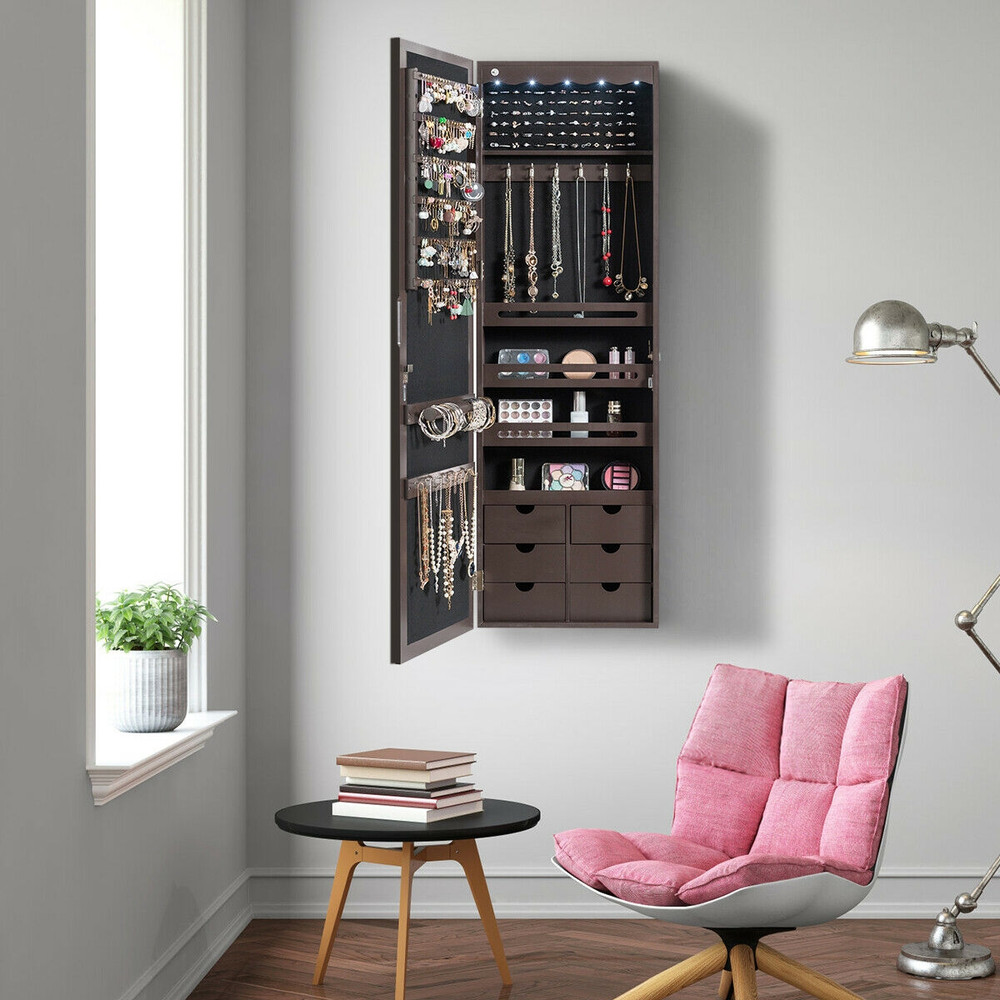 Lockable Wall Mounted Mirror Jewelry Armoire with LED Lights & 6 Drawers, Full-Length Organizer Cabinet for Earrings