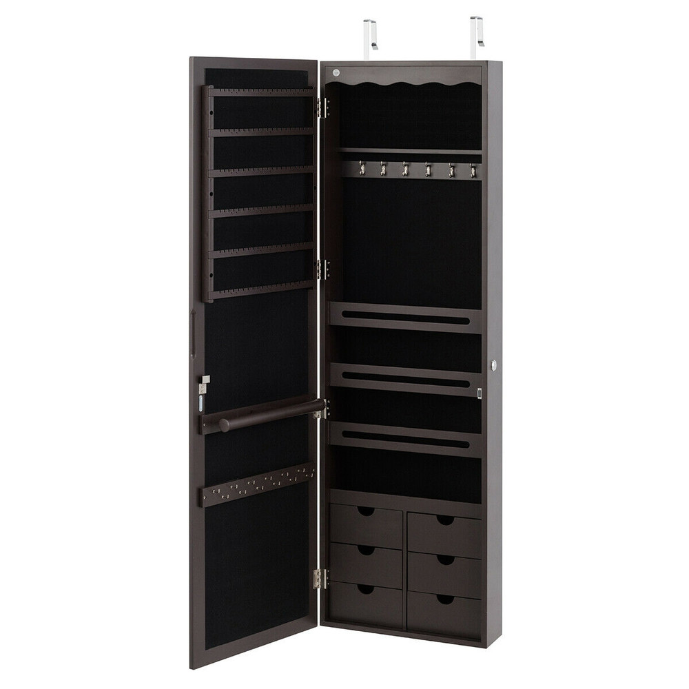 Lockable Wall Mounted Mirror Jewelry Armoire with LED Lights & 6 Drawers, Full-Length Organizer Cabinet for Earrings