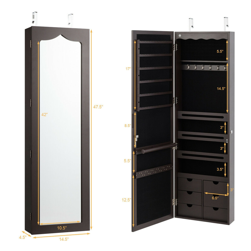 Lockable Wall Mounted Mirror Jewelry Armoire with LED Lights & 6 Drawers, Full-Length Organizer Cabinet for Earrings