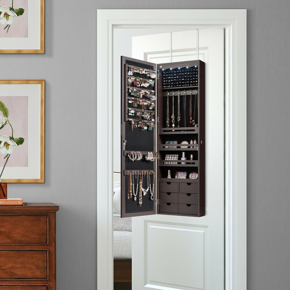 Lockable Wall Mounted Mirror Jewelry Armoire with LED Lights & 6 Drawers, Full-Length Organizer Cabinet for Earrings