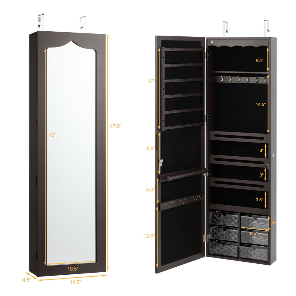Door Hanging Mirror Jewelry Armoire with Full Length Mirror & 6 Drawers, Wall Mounted Lockable Organizer Cabinet