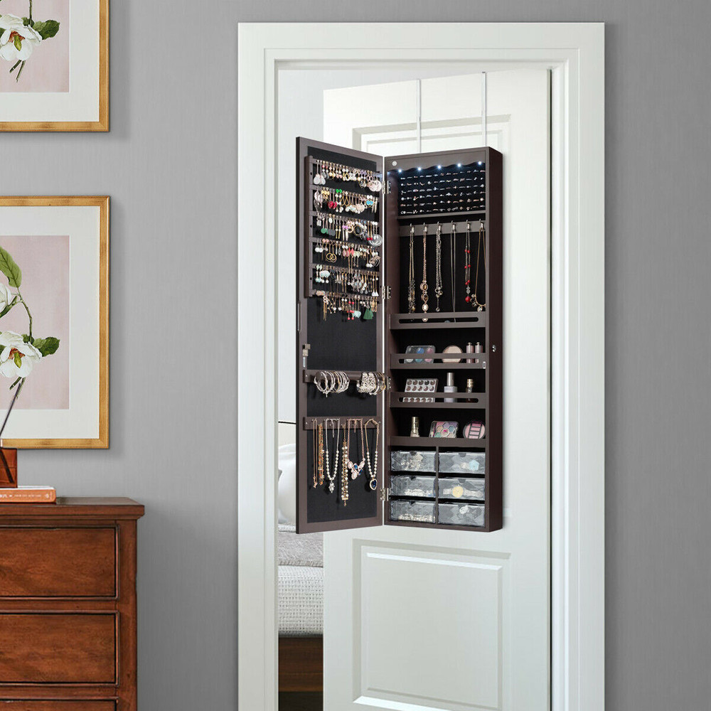Door Hanging Mirror Jewelry Armoire with Full Length Mirror & 6 Drawers, Wall Mounted Lockable Organizer Cabinet