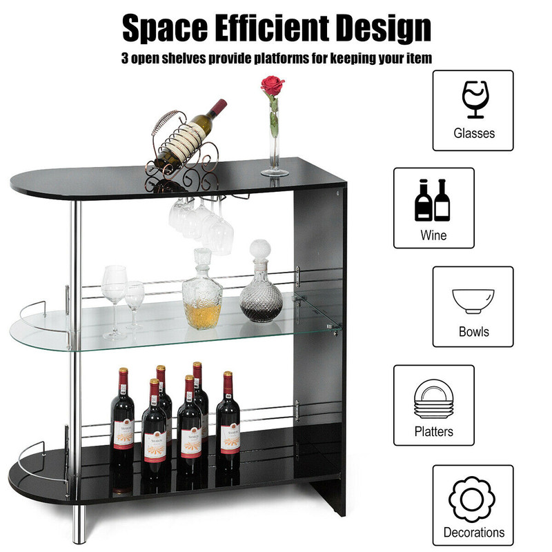 Modern 2-Holder Bar Table with Tempered Glass Shelf, Chrome & Black MDF Countertop, Wine Glass Rack, Home Pub Furniture