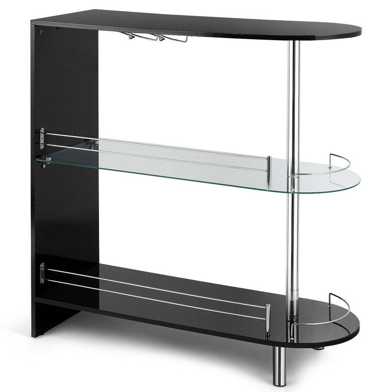 Modern 2-Holder Bar Table with Tempered Glass Shelf, Chrome & Black MDF Countertop, Wine Glass Rack, Home Pub Furniture