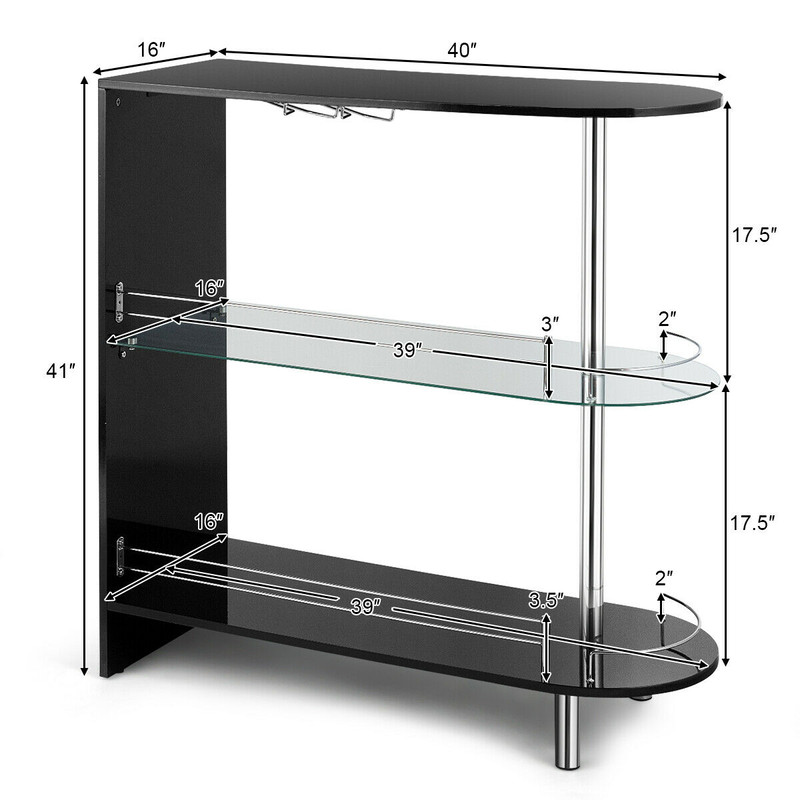 Modern 2-Holder Bar Table with Tempered Glass Shelf, Chrome & Black MDF Countertop, Wine Glass Rack, Home Pub Furniture