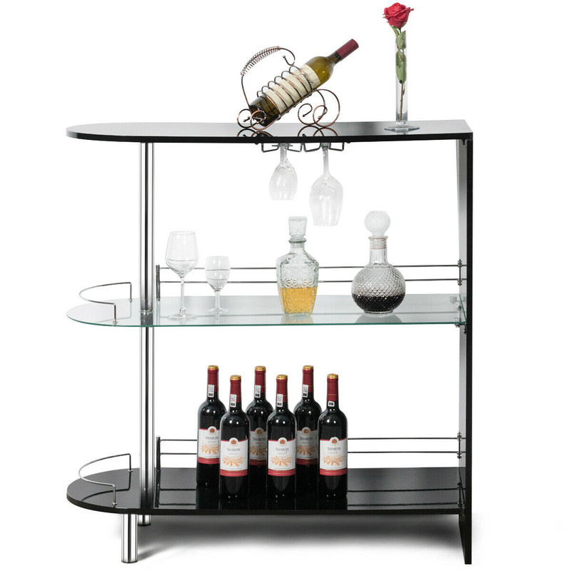 Modern 2-Holder Bar Table with Tempered Glass Shelf, Chrome & Black MDF Countertop, Wine Glass Rack, Home Pub Furniture