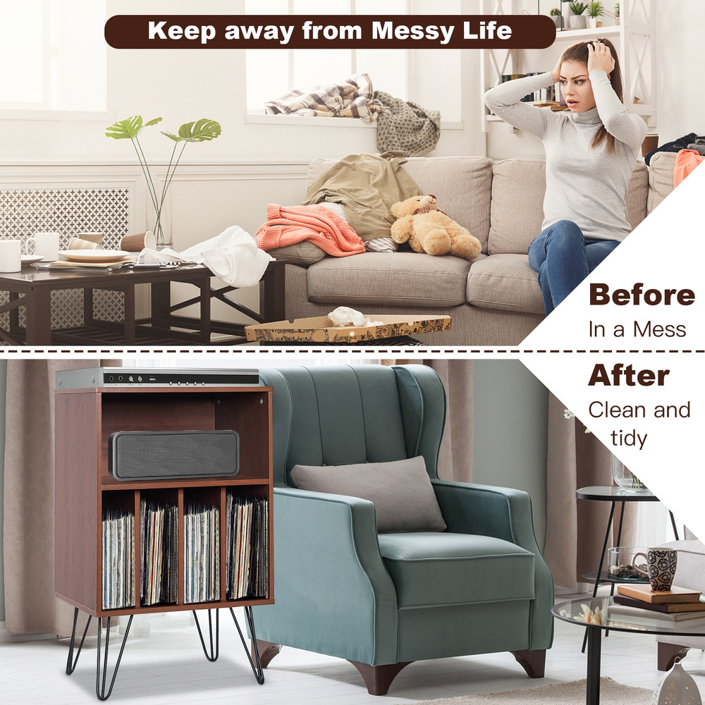 Freestanding Record Player Stand Record Storage Cabinet with Metal Legs, Vintage Vinyl Album Organizer, Turntable Table