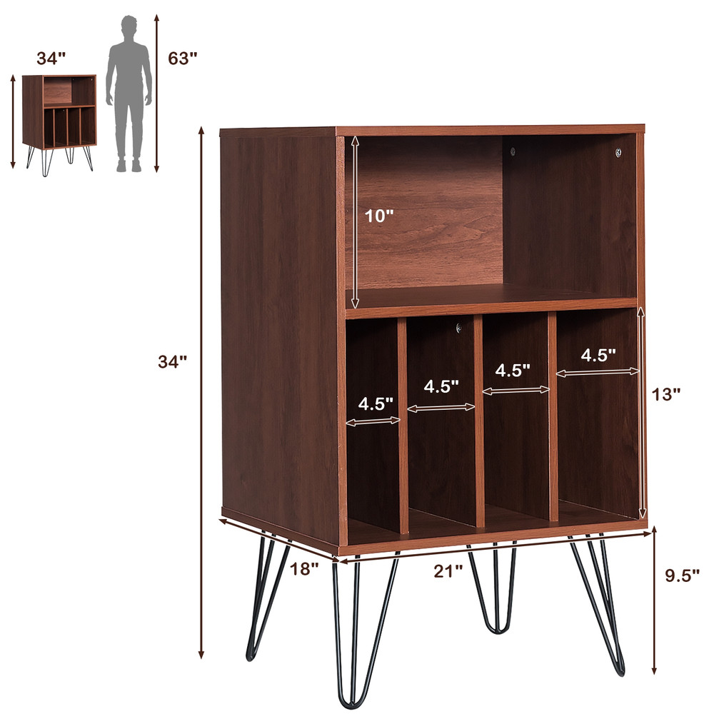 Freestanding Record Player Stand Record Storage Cabinet with Metal Legs, Vintage Vinyl Album Organizer, Turntable Table