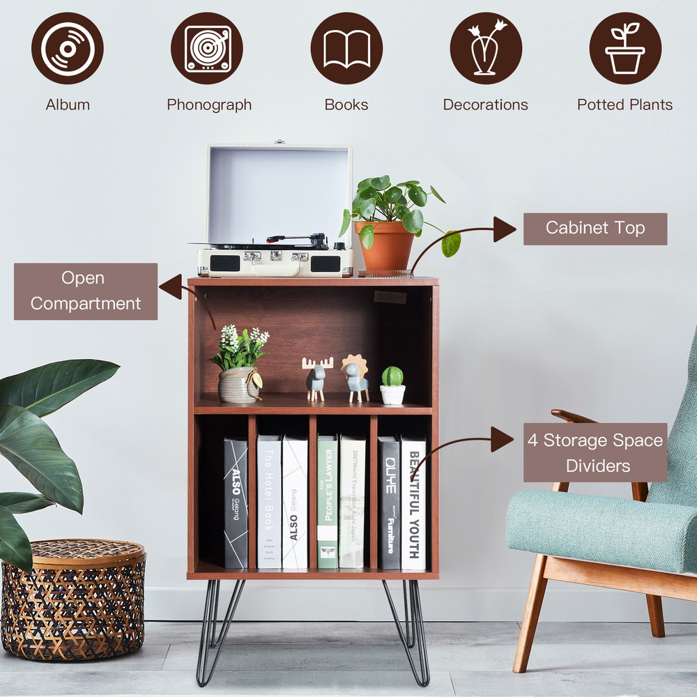 Freestanding Record Player Stand Record Storage Cabinet with Metal Legs, Vintage Vinyl Album Organizer, Turntable Table