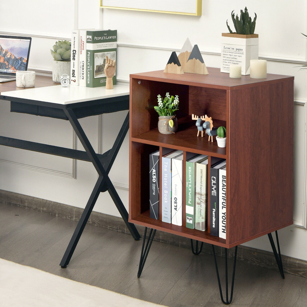 Freestanding Record Player Stand Record Storage Cabinet with Metal Legs, Vintage Vinyl Album Organizer, Turntable Table