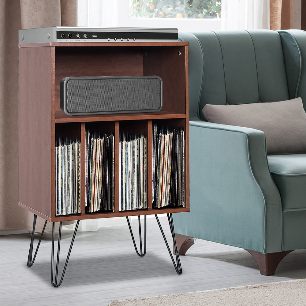 Freestanding Record Player Stand Record Storage Cabinet with Metal Legs, Vintage Vinyl Album Organizer, Turntable Table