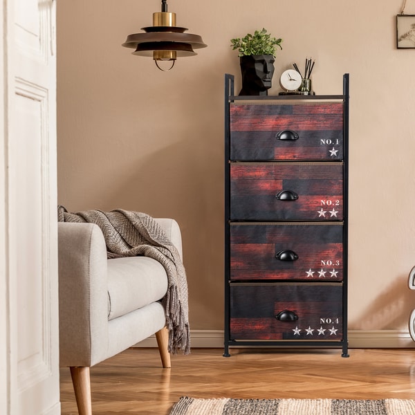 Industrial 4 Fabric Drawers Storage Dresser with Steel Frame, Bedroom Closet Organizer Cabinet with Metal Handles & MDF