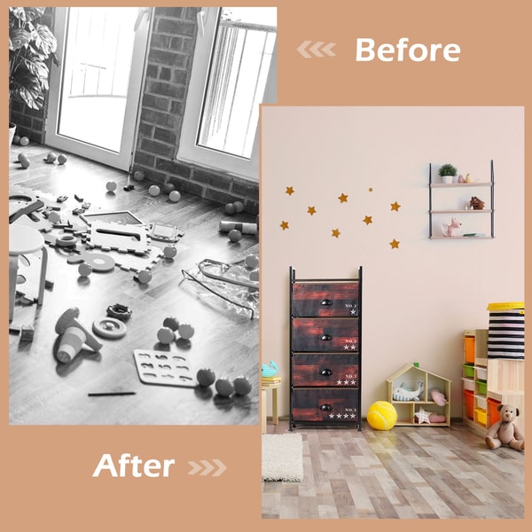 Industrial 4 Fabric Drawers Storage Dresser with Steel Frame, Bedroom Closet Organizer Cabinet with Metal Handles & MDF