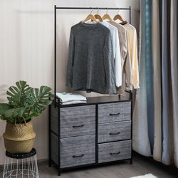 5 fabric drawers dresser with metal frame and wooden top, tall storage organizer with hanging rod for bedroom, closet