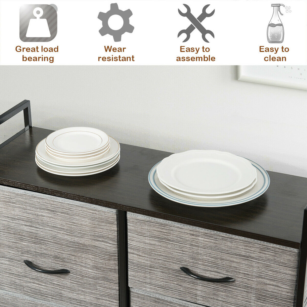 5 Fabric Drawers Dresser with Metal Frame and Wooden Top, Tall Storage Organizer with Hanging Rod for Bedroom, Closet