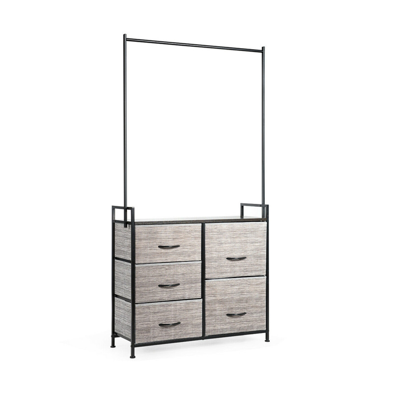 5 Fabric Drawers Dresser with Metal Frame and Wooden Top, Tall Storage Organizer with Hanging Rod for Bedroom, Closet