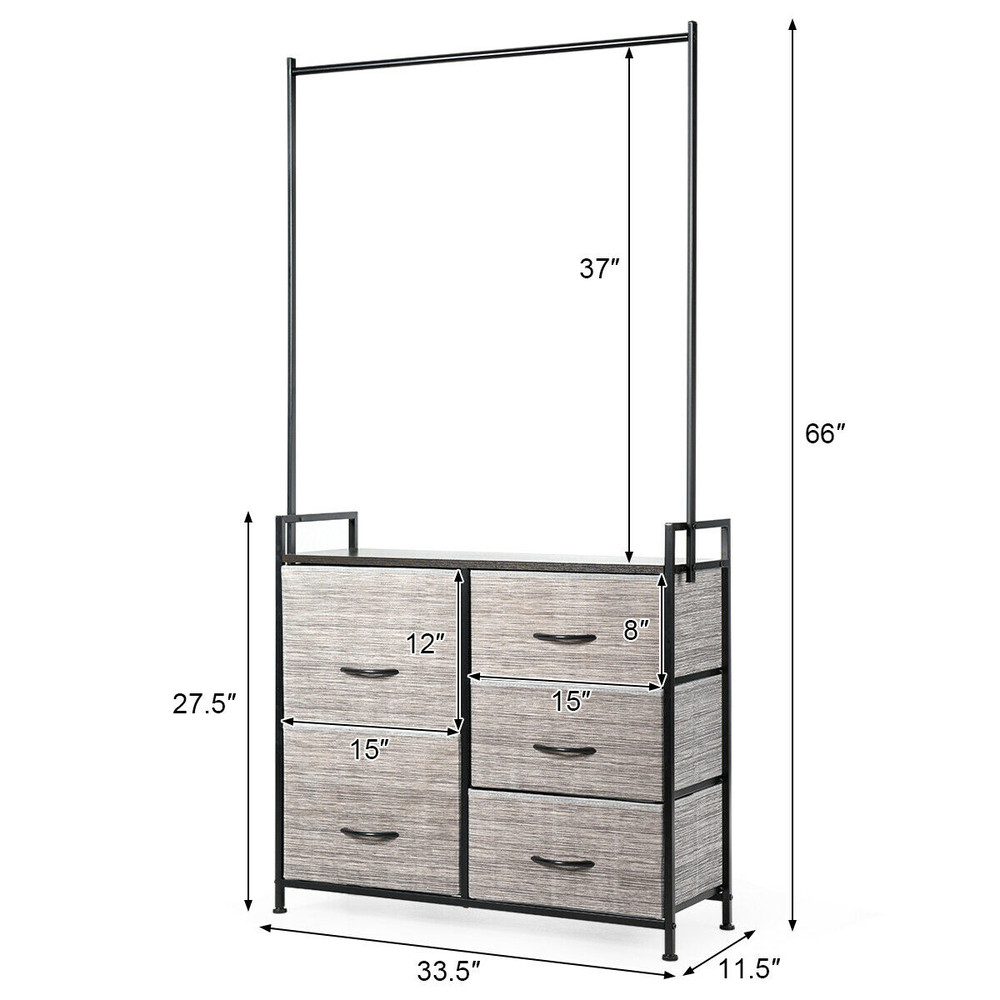 5 Fabric Drawers Dresser with Metal Frame and Wooden Top, Tall Storage Organizer with Hanging Rod for Bedroom, Closet