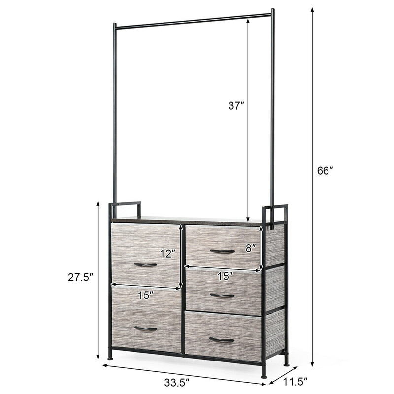 5 Fabric Drawers Dresser with Metal Frame and Wooden Top, Tall Storage Organizer with Hanging Rod for Bedroom, Closet