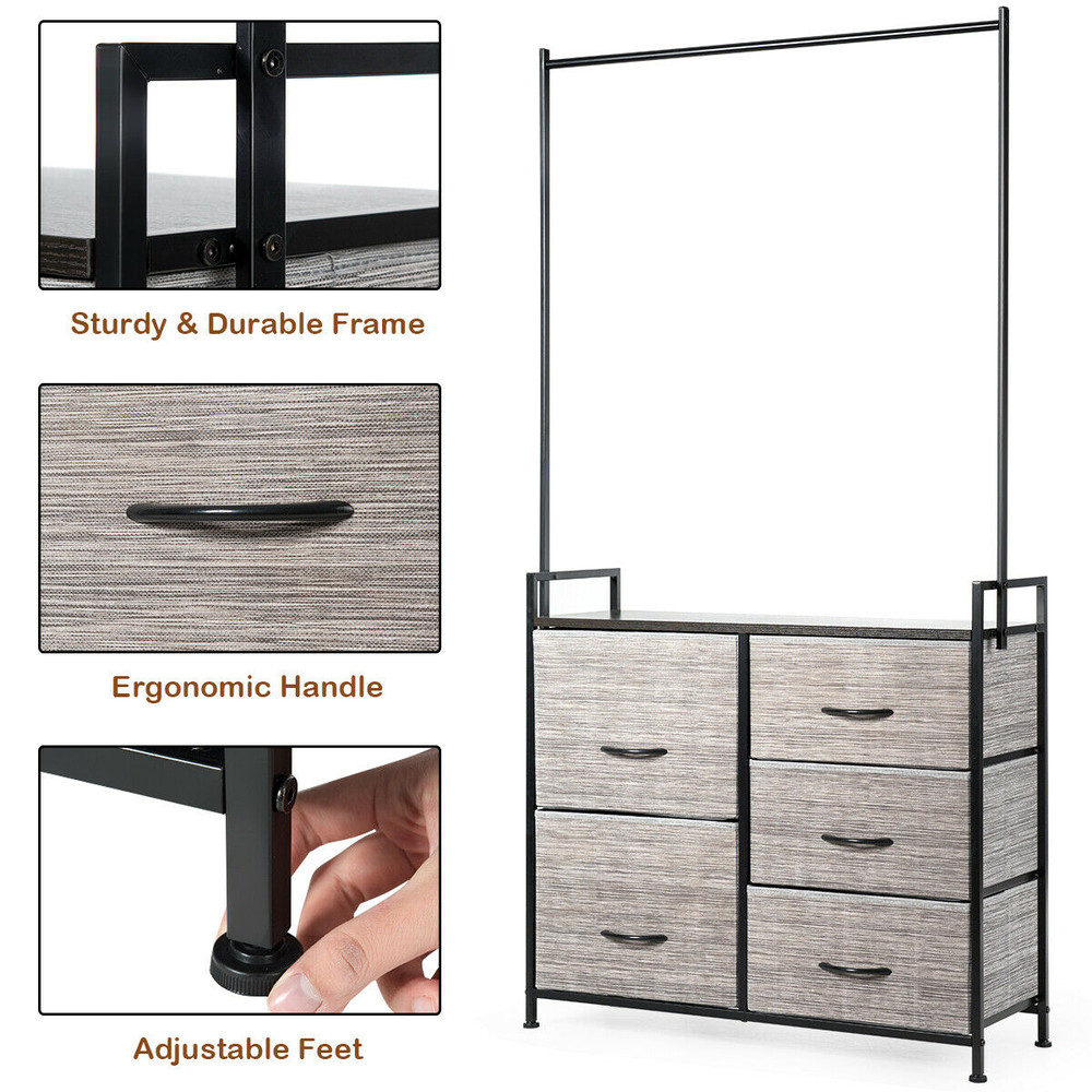 5 Fabric Drawers Dresser with Metal Frame and Wooden Top, Tall Storage Organizer with Hanging Rod for Bedroom, Closet