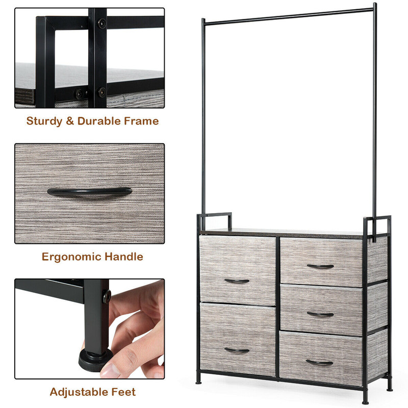 5 Fabric Drawers Dresser with Metal Frame and Wooden Top, Tall Storage Organizer with Hanging Rod for Bedroom, Closet