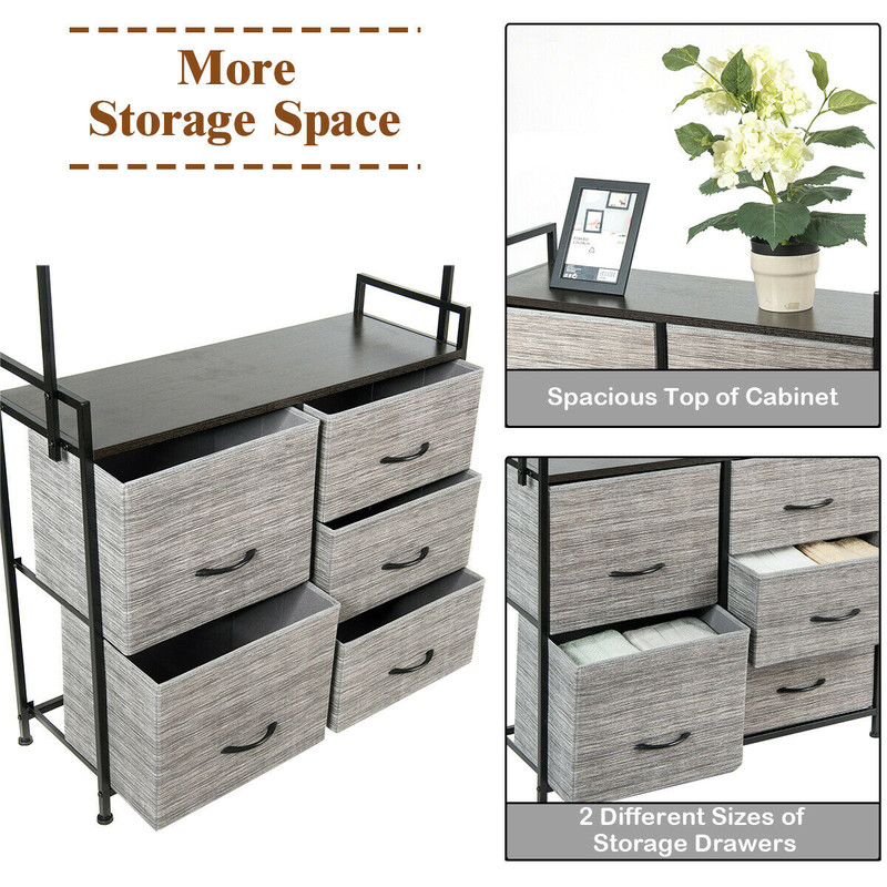 5 Fabric Drawers Dresser with Metal Frame and Wooden Top, Tall Storage Organizer with Hanging Rod for Bedroom, Closet