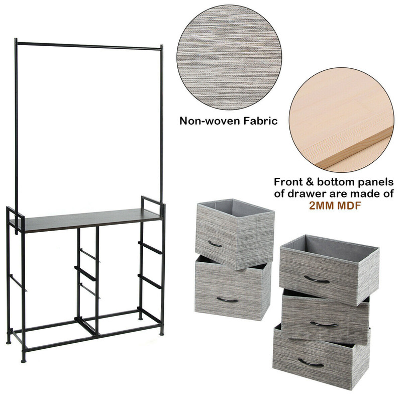 5 Fabric Drawers Dresser with Metal Frame and Wooden Top, Tall Storage Organizer with Hanging Rod for Bedroom, Closet