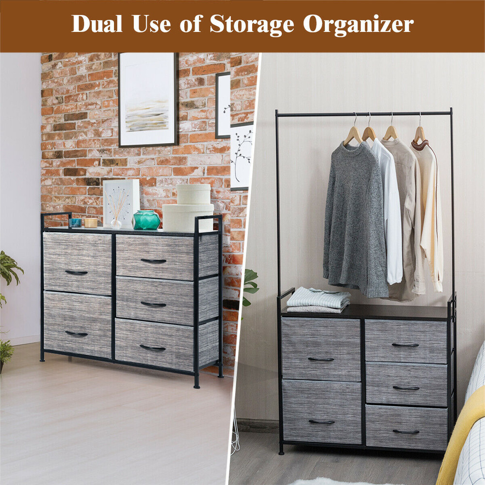 5 Fabric Drawers Dresser with Metal Frame and Wooden Top, Tall Storage Organizer with Hanging Rod for Bedroom, Closet