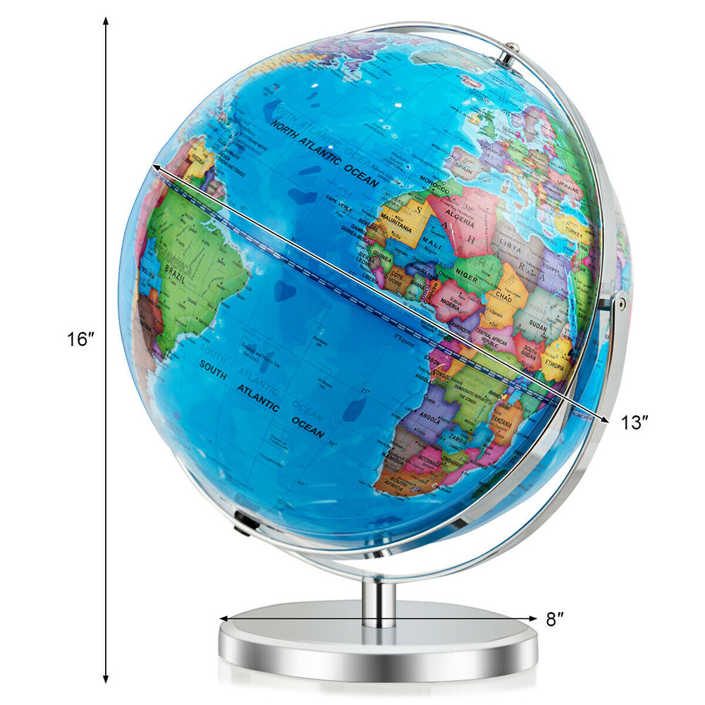 13 Inch Illuminated World Globe 720° Rotating Map with LED Light, Educational Globe for Kids, Desk Decor Night Light