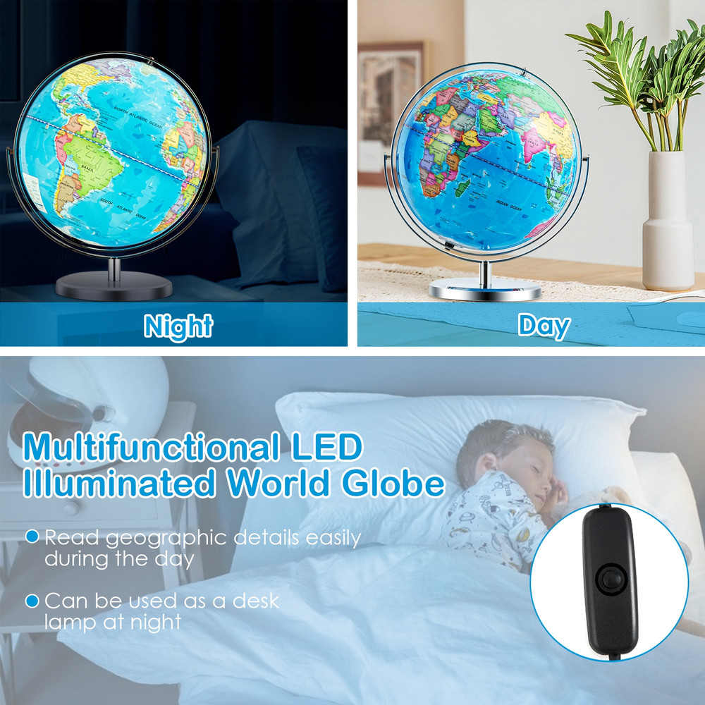 13 Inch Illuminated World Globe 720° Rotating Map with LED Light, Educational Globe for Kids, Desk Decor Night Light