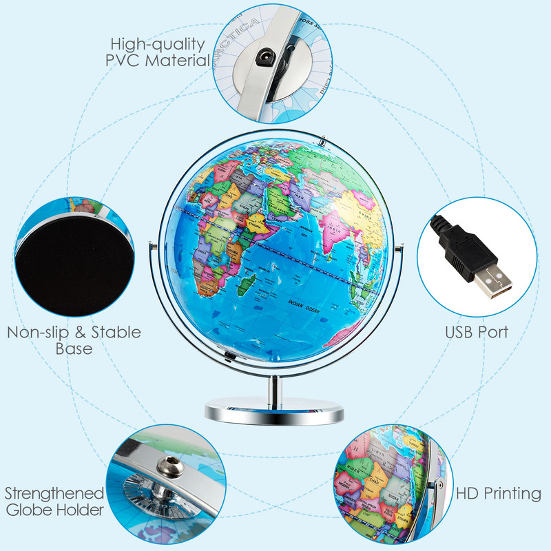 13 Inch Illuminated World Globe 720° Rotating Map with LED Light, Educational Globe for Kids, Desk Decor Night Light