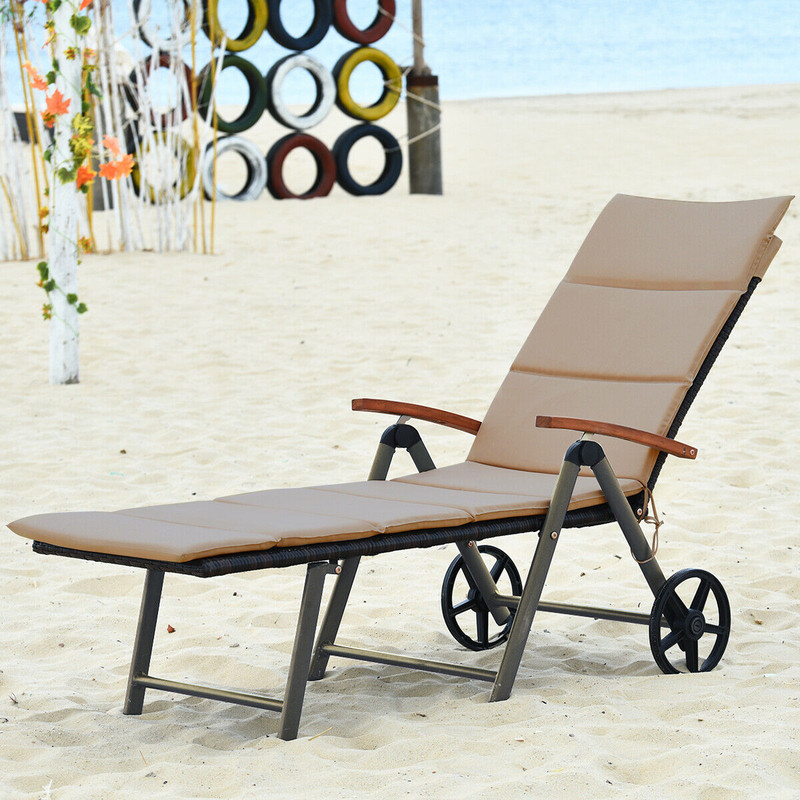 Foldable Wicker Outdoor Chaise Lounge Chair with Aluminum Frame, Adjustable Recliner with Wheels for Patio, Poolside