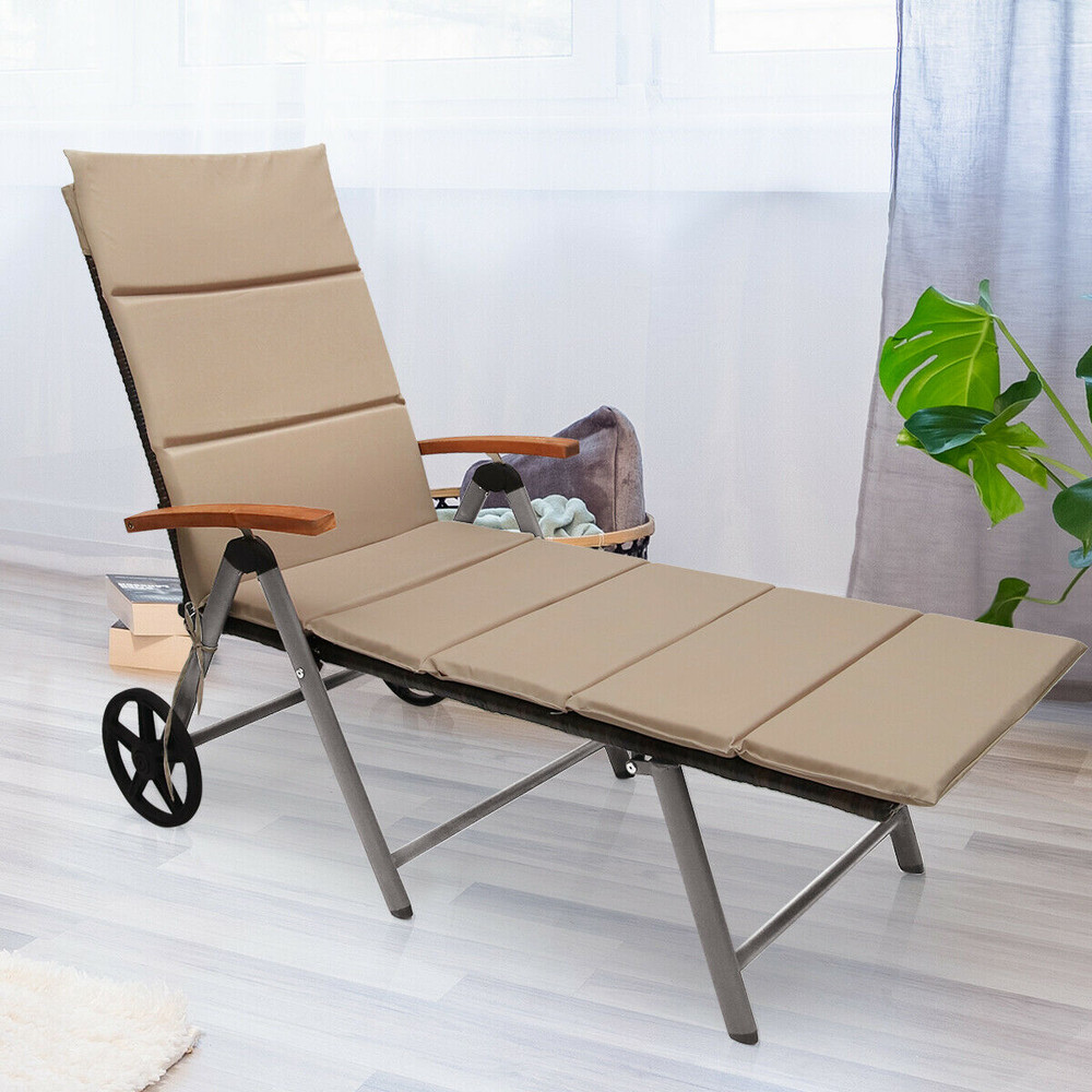 Foldable Wicker Outdoor Chaise Lounge Chair with Aluminum Frame, Adjustable Recliner with Wheels for Patio, Poolside