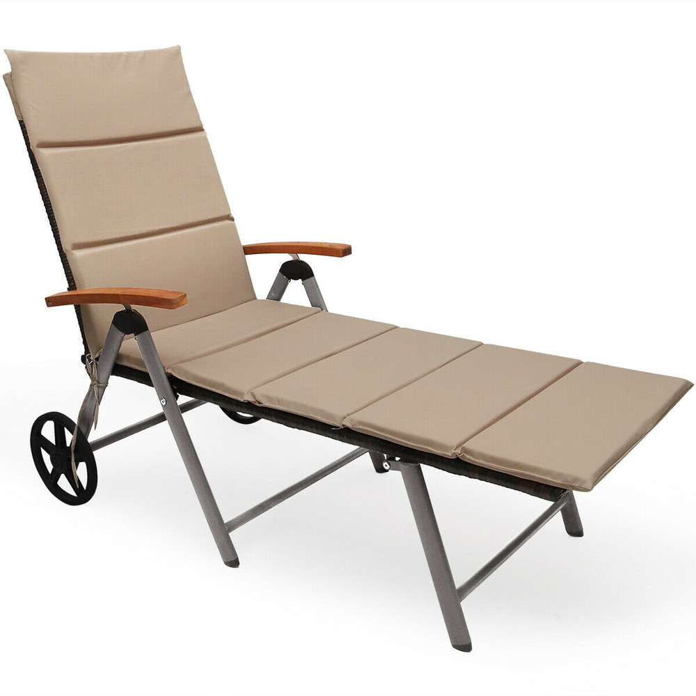 Foldable Wicker Outdoor Chaise Lounge Chair with Aluminum Frame, Adjustable Recliner with Wheels for Patio, Poolside